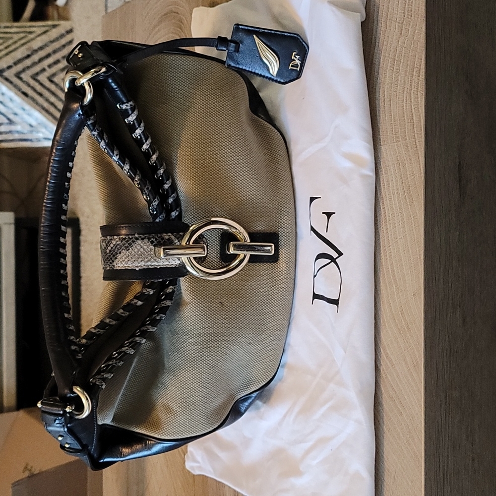 Diane Von Furstenberg Khaki Canvas and Black Leather Hobo with Silver Hardware